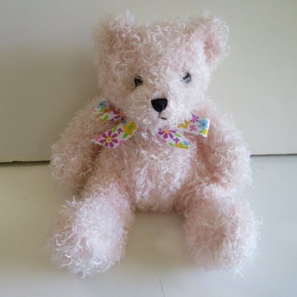 Baby Light Pink Teddy Bear 9" long Stuffed Animal Plush Floral Ribbon Bow - Picture 1 of 7